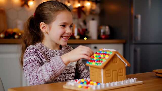 A young girl decorates a gingerbread house with colorful candies, smiling at her creation