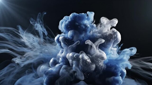 abstract smoke explosion, blue and white clouds on black background