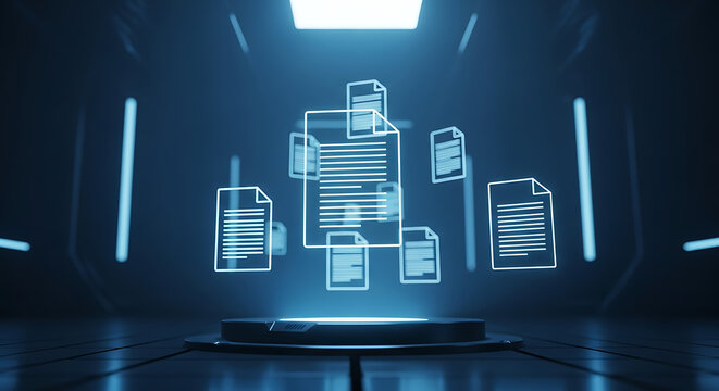 Digital documents floating in server room futuristic data processing information storage technology innovation