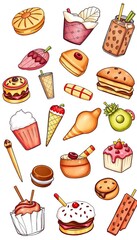 A charming collection of hand-drawn food sketches, showcasing a variety of tasty treats with personality,  delicious,  charming