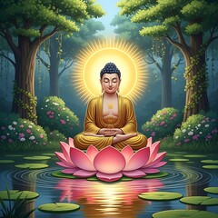 Obraz premium Enlightened figure meditates serenely upon a large blooming flower floating on calm water surrounded by lush woodland