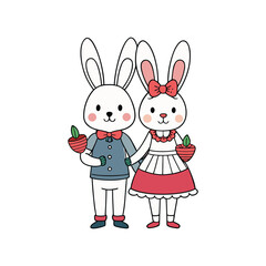 Cute cartoon bunny couple holding apples lovely animal illustration