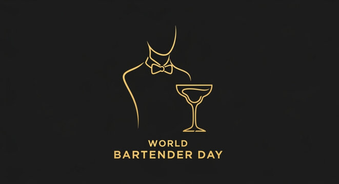 Bartender day celebration with cocktail glass and bow tie world bartender day logo on black background