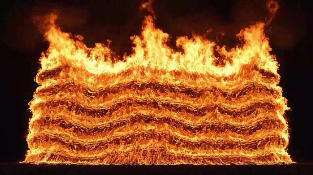 A massive stack of burning hay on a black background, viewed from the front, engulfed in intense fire and flames.