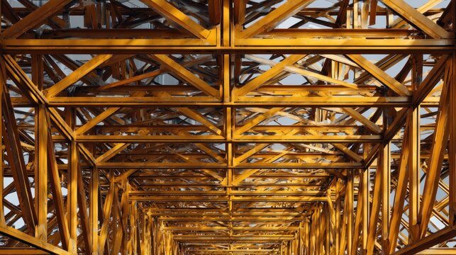 Architectural detail yellow bridge structure with truss design overhead