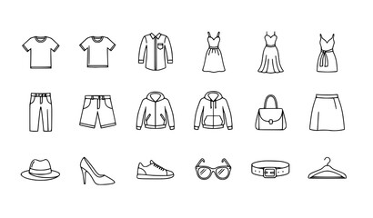 Clothing Line Icon Set with Dress T Shirt Pants Jacket and Shoe Fashion Outline Symbols © MstMonisha