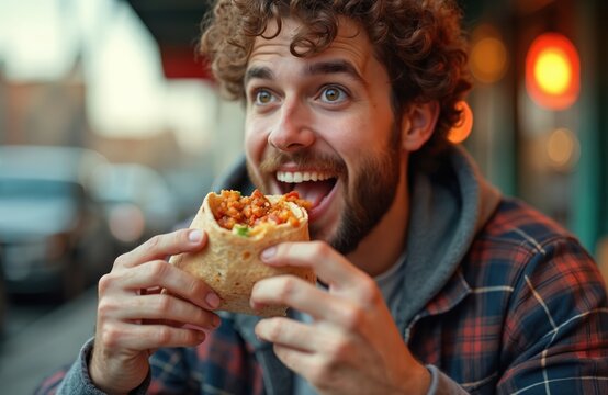 Young man with beard eats large burrito with enjoyment. He holds mexican wrap food in hands, chews tasty meal. Casual guy enjoys quick lunch outdoors.
