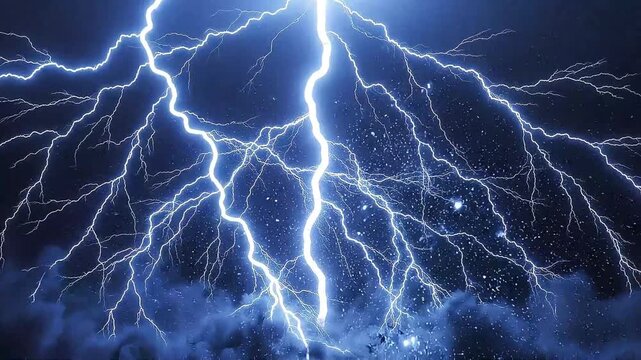 Electric lightning storm with multiple bolts on a black background viewed from a distance