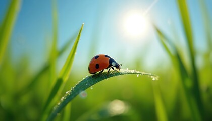 Obraz premium Ladybug rests on dew covered grass blade. Sunny blue sky forms backdrop for tiny insect in wild nature. Morning light shines on green plant.