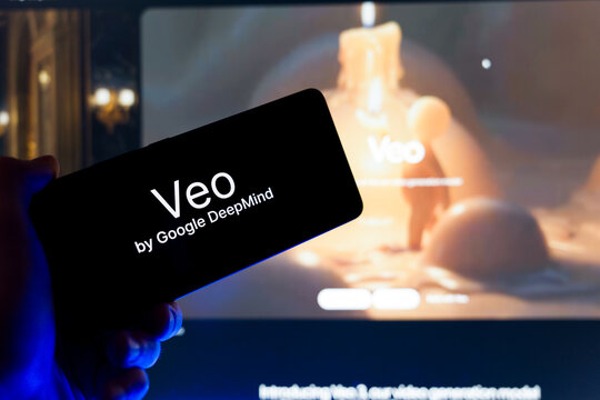 Hand holding smartphone displaying Google DeepMind Veo logo on screen with blurred video generation website background, generative artificial intelligence and high-fidelity video production concept