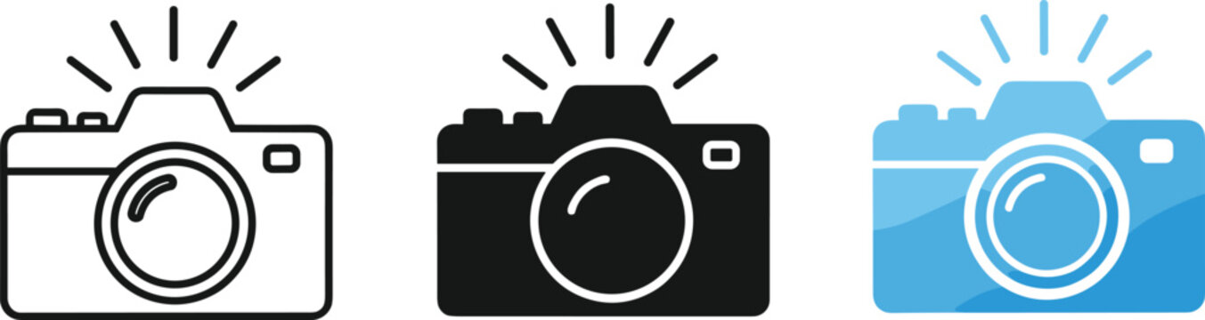 Camera flash icon set in outline solid and flat styles representing photography snapshot capture and media tools isolated on white background