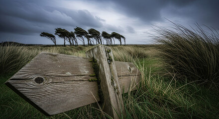 Windy landscape with trees and wooden signpost in grassy field  