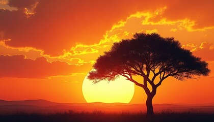 Solitary tree stands silhouetted against brilliant orange and yellow sunset sky. Fiery clouds drift above dusky landscape. Vast sun sets over rolling hills. Golden hour light creates warm tones.