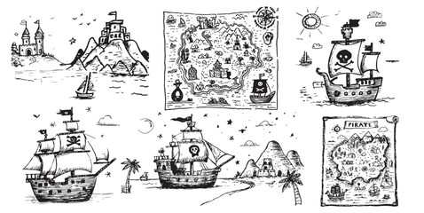 Pirate-themed illustrations featuring ships, maps, and islands in black and white
