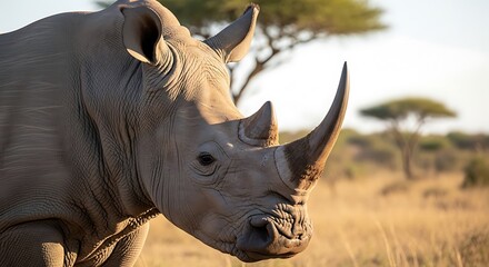 Fototapeta premium Majestic rhinoceros head shot captures rugged skin texture against a sunlit savanna backdrop