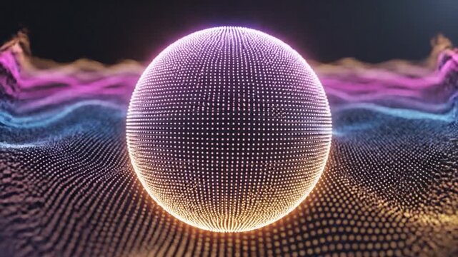 Abstract digital landscape with glowing particles forming waves and a sphere