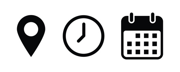 Naklejka na ściany i meble date time location notification icon set. Address, time, calendar bell notification icons collection. Clock, Address location and date Calendar symbol