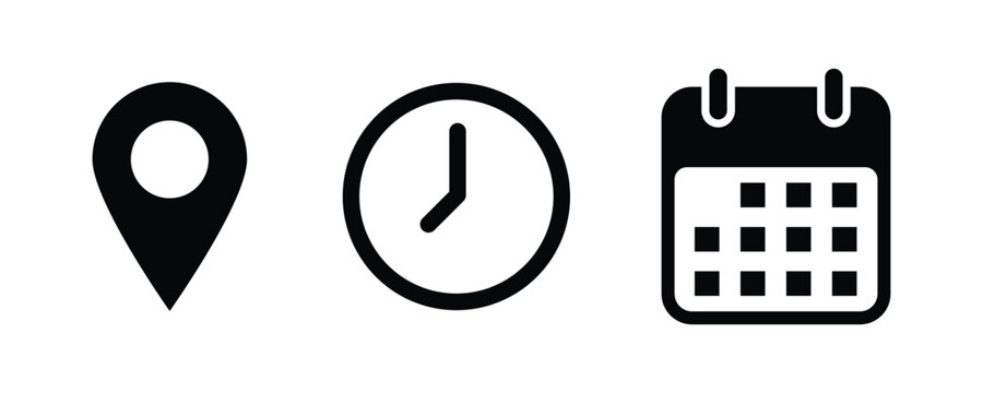 date time location notification icon set. Address, time, calendar bell notification icons collection. Clock, Address location and date Calendar symbol