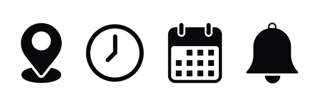Location, time, calendar and notification bell icons set. Flat simple illustrations of pin, date, clock and bell. vector illustration