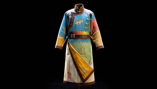 a traditional Mongolian Deel costume, often featuring intricate embroidery and vibrant colors, commonly worn by both men and women