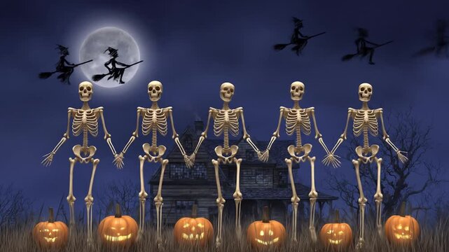 Animated skeletons and pumpkins in spooky halloween night scene