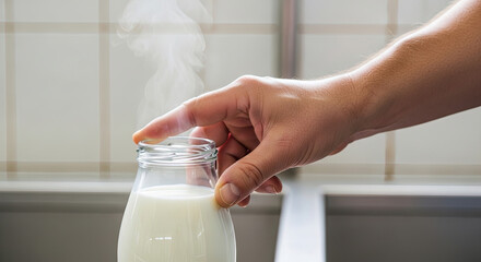 Hand reaching for steaming milk in glass jar in kitchen  