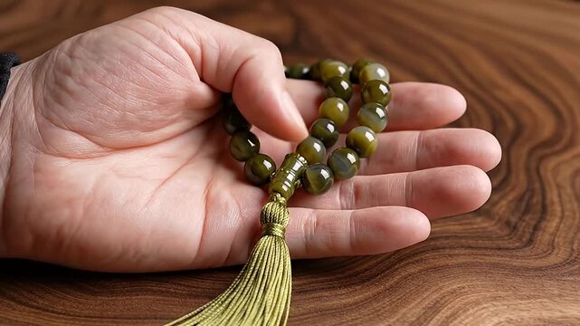 Close-up of a person's hand holding a green gemstone prayer beads (tasbih) with a tassel, resting