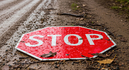 Stop sign lying on dirt road with fallen leaves and rain  
