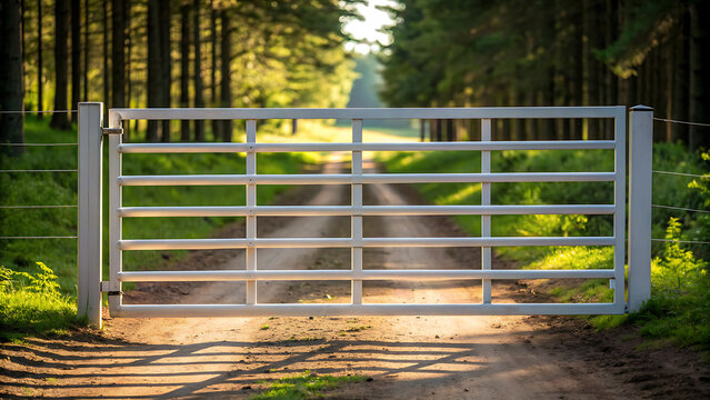 A rustic metal gate stands open in a serene forest setting, inviting exploration.