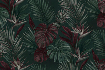 Fototapeta premium Dark Moody Tropical Foliage and Pineapple Seamless Pattern, Vintage Botanical Background