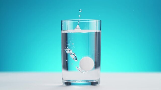 Effervescent Tablet Falling Into A Glass Of Water, Making a Splash In Slow Motion on the Blue Background