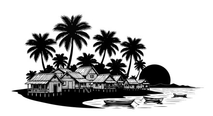 Obraz premium Tropical summer landscape illustration featuring a paradise island with palm tree silhouettes against a sunset sky over the ocean beach