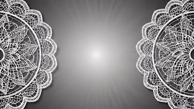 Elegant White Lace Doilies on a Dark Gray Background with Radiant Light Rays and Subtle Motion