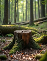 Fototapeta premium Old tree stump covered in green moss rests on forest floor. Fallen logs and sunlit trees create natural woodland scene. Dried leaves scatter ground.