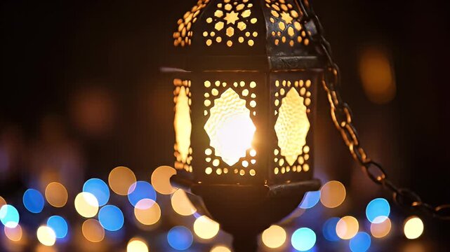 Illuminated vintage metal lantern with intricate patterned cutouts casting warm light, blurred bokeh