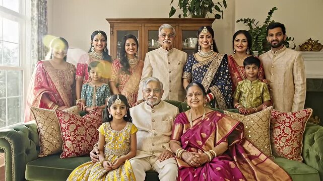 Extended Indian Family Poses for a Formal Portrait in a Luxurious Living Room with Elegant Decor