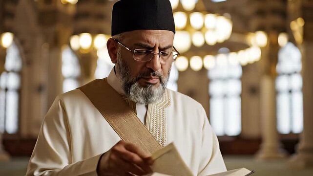 Middle-aged Imam with Beard and Glasses Reading Holy Book in Mosque, Spiritual Atmosphere