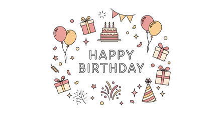 Colorful Birthday Celebration Illustration with Balloons and Cake