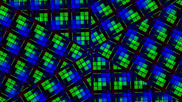 Vibrant Geometric Squares Shifting and Interlocking in a Dynamic Abstract Grid Background
