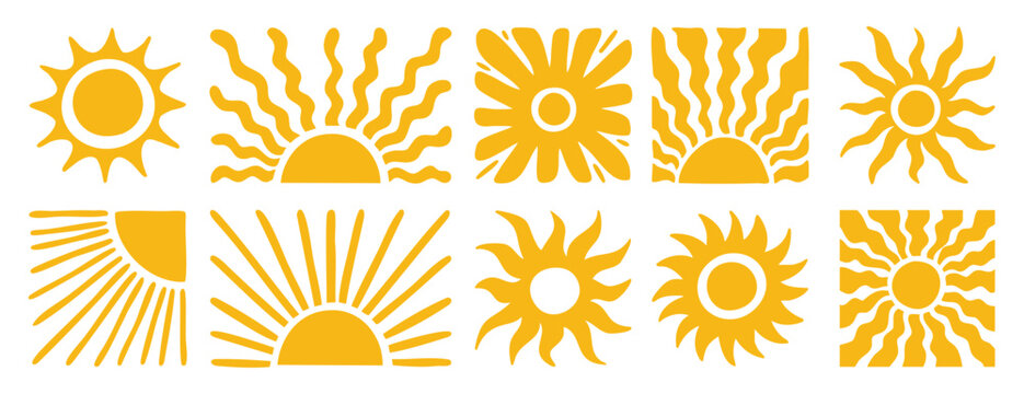 Boho suns set with desert aesthetic and mystical art vibe. Hand drawn.