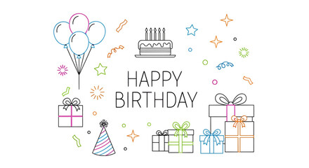 Celebratory Birthday Card with Balloons and Gifts Illustration