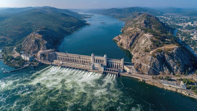 Aerial view of a large hydro-electric dam with water flowing into a river valley