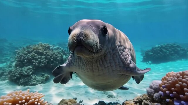 Curious monk seal swims toward camera amidst coral reef in clear turquoise ocean waters