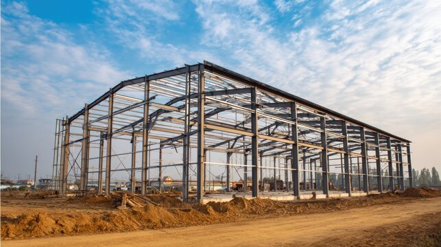 Steel framework construction outdoors under cloudy sky