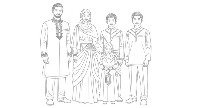Indian Family Portrait Line Drawing Illustration.