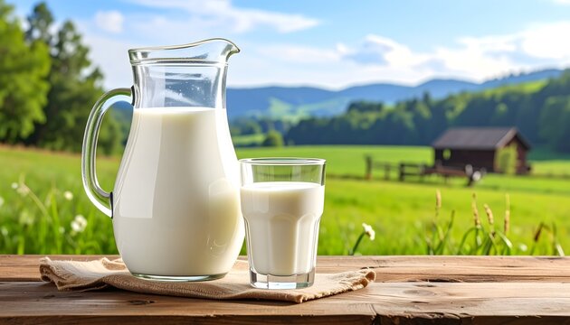 Jarra y vaso de leche fresca sobre mesa r&uacute;stica con pradera verde y casa rural al fondo en paisaje campestre
