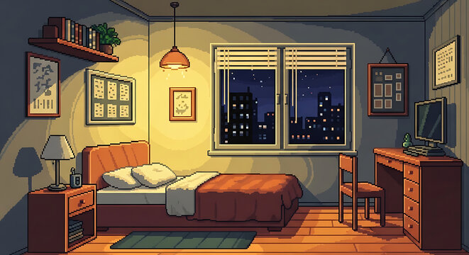Cozy Pixel Art Bedroom Background with Rainy Night City View, Lofi Aesthetic 16:9 Wallpaper