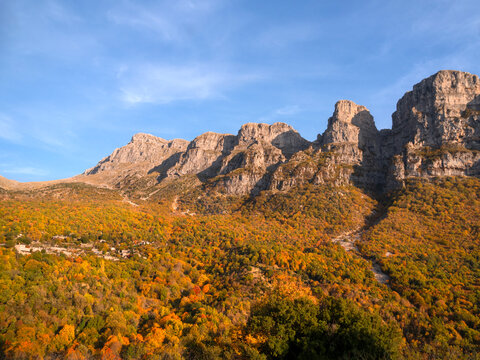 View of the village Mikro Papingo among the autumn lem in the mountains of Epirus in Greece
