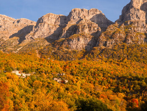 View of the village Mikro Papingo among the autumn lem in the mountains of Epirus in Greece