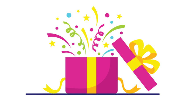 Brightly colored open gift box exploding with vibrant confetti streamers and yellow stars signifying a surprising celebration or unexpected happy announcement illustration